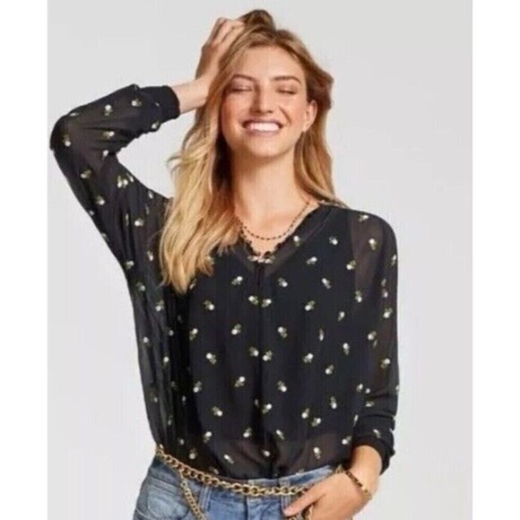 CABI #5338 Black Sheer Floral Embroiderd 3/4 Sleeve High Neck Top SIZE Small - Picture 2 of 11